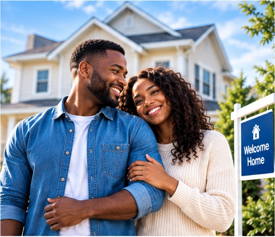 Couple celebrating outside their new home