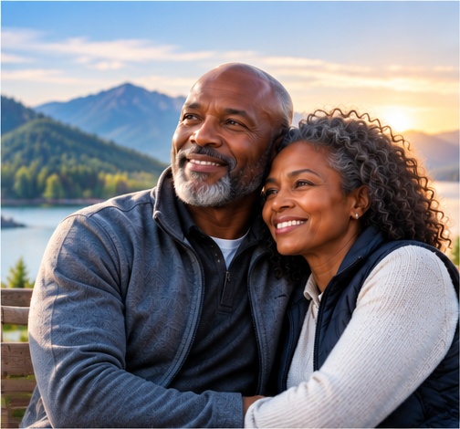 Couple enjoying time together beside a mountain lake