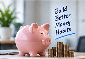 Pink savings piggy bank and coins